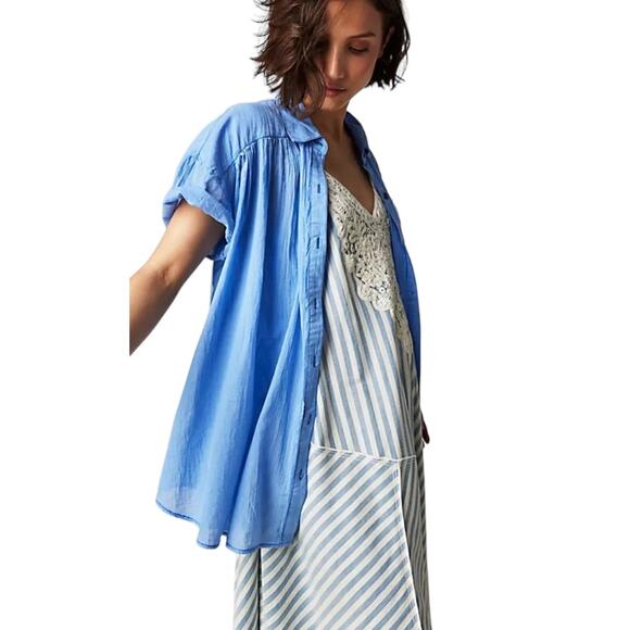 Free People Float Away Button Tee Top XS Blue Vista Oversized Swing Casual Boho - Picture 7 of 8